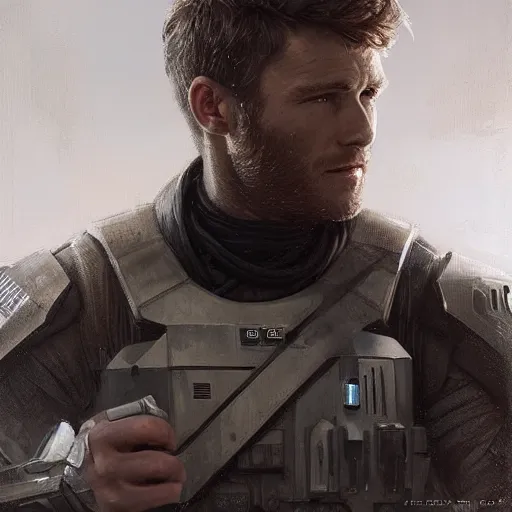 Image similar to portrait of a man by greg rutkowski, jedi commander, he looks like scott eastwood, wearing the tactical gear of the galactic alliance, star wars expanded universe, he is about 5 0 years old, highly detailed portrait, digital painting, artstation, concept art, smooth, sharp foccus ilustration, artstation hq