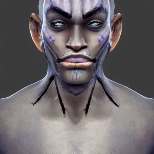 Image similar to intense male drow warrior knight, patchy vitiligo skin, realistic artstation render