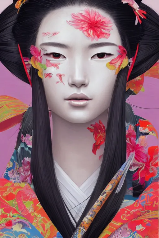 Image similar to a professional painting of a beautiful Japanese Geisha girl, in brightly colored kimono, long dark hair, beautiful bone structure, symmetrical facial features, intricate, elegant, digital painting, concept art, smooth, sharp focus, illustration, from StarCraft by Ruan Jia and Mandy Jurgens and Artgerm and William-Adolphe Bouguerea