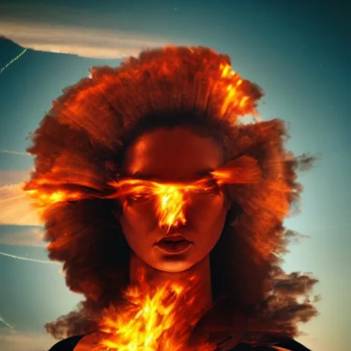 Image similar to a woman up there, sci - fi, on fire, giant, photoshop, creative and cool, photo manipulation