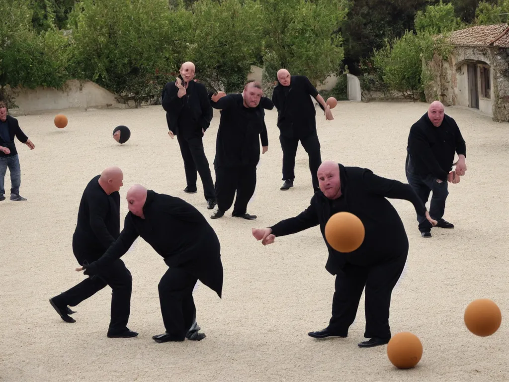 Image similar to nosferatu is playing petanque balls with french fat dudes in south of france