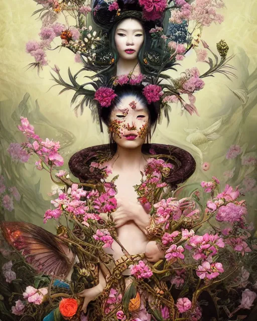 Prompt: portrait of the chinese queen of the underworld, surrounded by flowers by karol bak, james jean, tom bagshaw, rococo, sharp focus, trending on artstation, cinematic lighting, hyper realism, octane render, 8 k, hyper detailed.