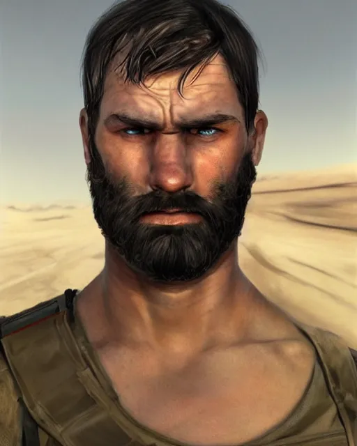 Image similar to portrait of muscular, tired and alcoholic 3 0 - year - old grieving man with short darkblonde hair, serious sad look in his eyes, looking down, dirty beard, blue eyes, crying tears, wearing dirty soldier uniform, on the desert, sad atmosphere, hyper realistic face, character art, art by mark brooks, cryengine, trending on artstation, digital art