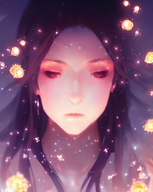 Prompt: a goddess of the night surrounded by fireflies, final fantasy, cushart krenz, very detailed, realistic face, detailed face, matte, tonemapping, perfection, 4 k,