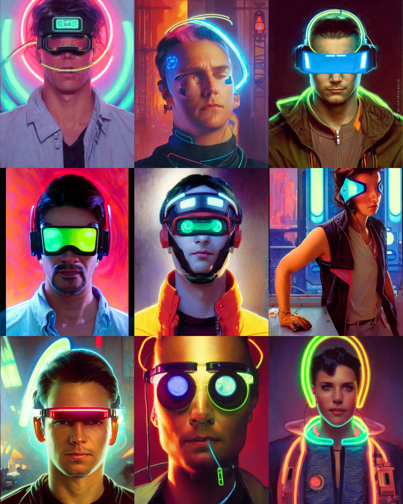 Prompt: neon cyberpunk hacker with glowing geordi visor over eyes and bright earbuds headshot portrait painting by donato giancola, rhads, loish, alphonse mucha, mead schaeffer fashion photography