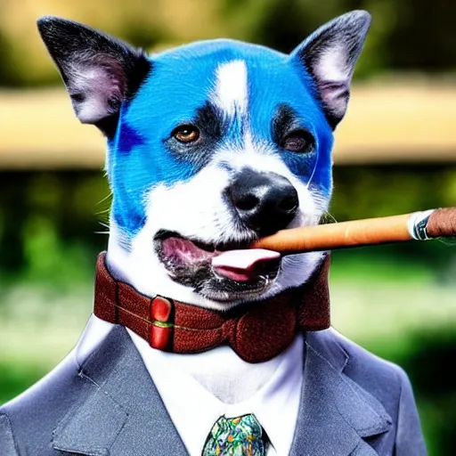 Image similar to Blue Heeler dog wearing a suit and smoking a cigar, holding a shotgun and pointing it at someone.