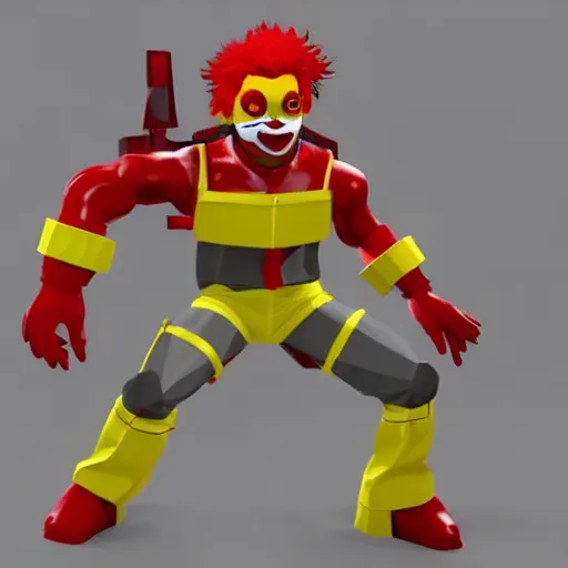 Prompt: image of ronald mcdonald, white face, red afro, red nose and yellow outfit as an enemy in metal gear solid 1 video game, with low poly playstation 1 graphics, upscaled to high resolution