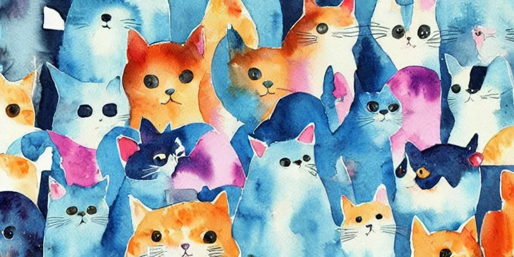 Prompt: watercolor illustration style, cute! cats!!! chose different coloured geometric toys, inspiring art