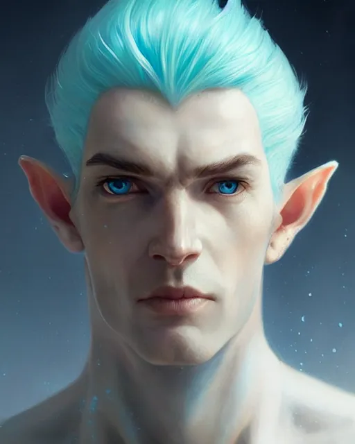 Image similar to character portrait of a slender young half elven man with white hair, piercing cyan blue eyes, and pale blue skin, by greg rutkowski, mark brookes, jim burns, tom bagshaw, trending on artstation