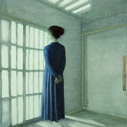 Image similar to close up of a girl in a haunted liminal abandoned room, watercolor by victo ngai, by hammershøi, art noveau, highly detailed, lights by edward hopper, liminal, eerie, bright pastel colors