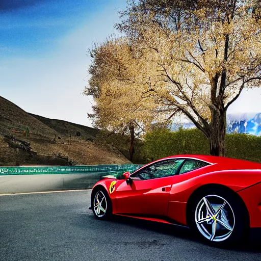 Image similar to a beautiful ferrari park next to a tree it's a sunny day with no cloud in the sky and there is one road next to the car the background is a view of mountains professional photograph