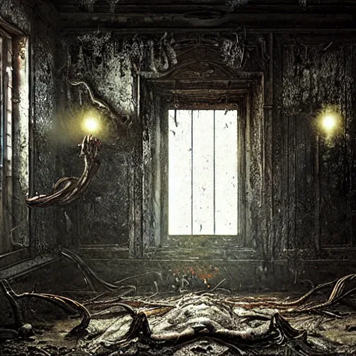 Image similar to bloody demonic snarling horror creature, inside an old abandoned house, backlit, extremely detailed digital matte painting by Greg Rutkowski and H.R. Giger