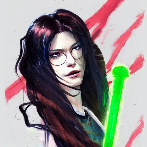 Image similar to stylized portrait of woman with long black frizzy hair wielding a neon katana by Dustin Nguyen, artstation, professionally illustrated