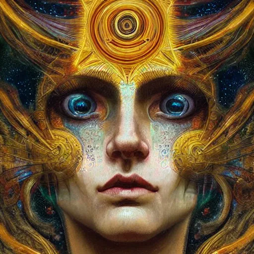 Prompt: Divine Chaos Engine by Karol Bak, Jean Deville, Gustav Klimt, and Vincent Van Gogh, beautiful visionary face portrait, sacred geometry, mystic eyes, otherworldly, fractal structures, ornate gilded medieval icon, third eye, spirals