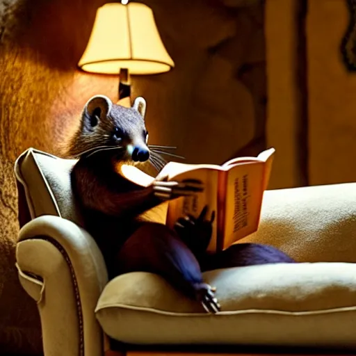 Prompt: An incredibly beautiful scene from a 2022 Marvel film featuring a humanoid pine marten reading on a couch. An anthropomorphic pine marten wearing a loose white shirt. 8K UHD.