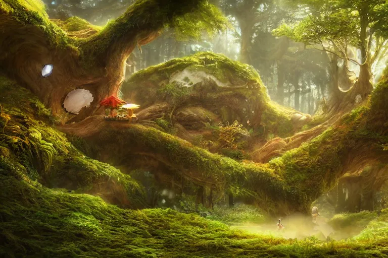 Image similar to fairy kingdom forest, ghibli studio, cellshaded, nausicaa anime style hyper realistic, ambient lighting, concept art, intricate, hyper detailed, smooth, dynamic volumetric lighting, octane, raytrace, cinematic, high quality, high resolution, 4 k, cgsociety, rutkowski, gurney