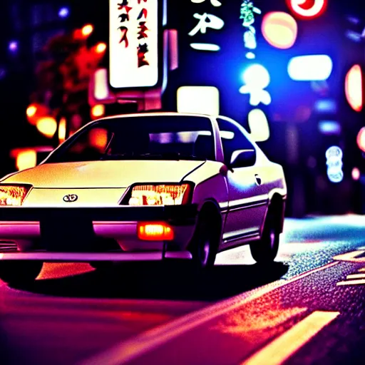 Prompt: a car toyota celica in middle of road, shibuya prefecture, night city, cinematic color, photorealistic, highly detailed