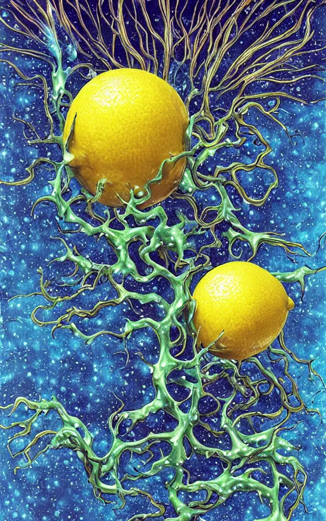 Prompt: a lemon crushed surrounded by giant airbrushed hallucigenia glimmering and drips of water, black background, airbrush fantasy 80s, masterpiece