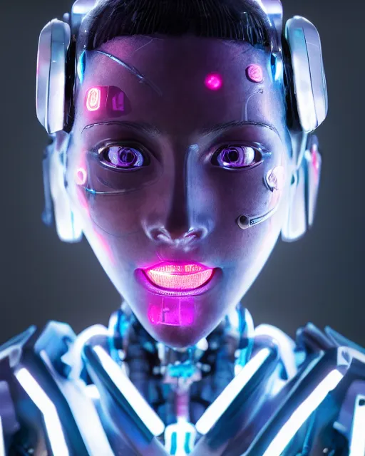 Image similar to photo of soulful female as a cyberpunk mecha humanoid robotic head and face parts with straight bright led lights, small light emitting cables, sweaty skin dripping down face, ultra - realistic and detailed, long exposure 8 k