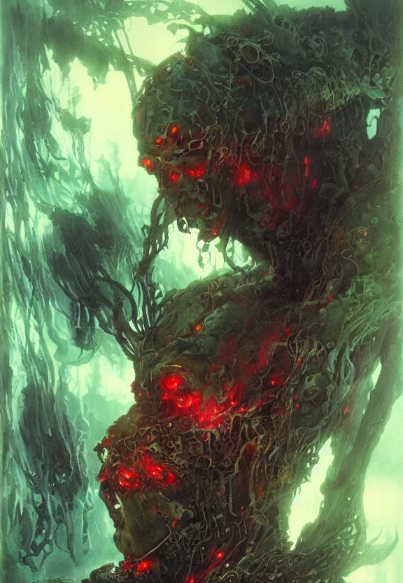 Prompt: ( underwater ) middle length portrait of a living goo glowing cyborg leshy, cinematic light, looking to the side off camera, backlight glow, green bright red, mist, by mikhail vrubel, by philippe druillet, by peter elson, by gerald brom, muted colors, extreme detail, trending on artstation, 8 k