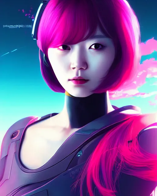 Image similar to kim hyun joo as a cyborg with rose hair, cyborg, warframe, colorful, cinematic, illuminated, sunny day, beautiful girl, advanced technology, futuristic, art by ilya kuvshinov, akiko takase