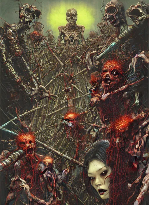 Prompt: realistic detailed image of zombies terrorizing a mall by Ayami Kojima, Amano, Karol Bak, Greg Hildebrandt, and Mark Brooks, Neo-Gothic, gothic, rich deep colors. Beksinski painting, part by Adrian Ghenie and Gerhard Richter. art by Takato Yamamoto. masterpiece