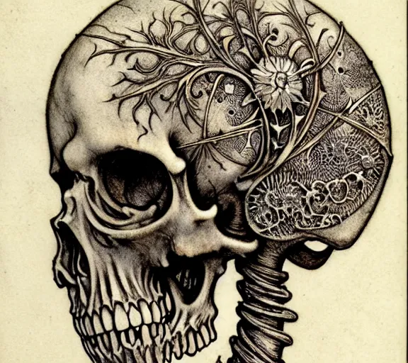 Image similar to memento mori by arthur rackham, art forms of nature by ernst haeckel, exquisitely detailed, art nouveau, gothic, ornately carved beautiful skull dominant, intricately carved antique bone, art nouveau botanicals, ornamental bone carvings, art forms of nature by ernst haeckel, horizontal symmetry, arthur rackham, ernst haeckel, symbolist, visionary