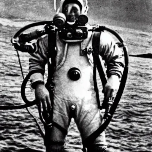Image similar to detailed photo of a diver wearing an early diving suit. the diver is holding an electric guitar. the diver is on the moon. old diving suit pictures. old diving suit. early diving suit. old diving suit photos. detailed