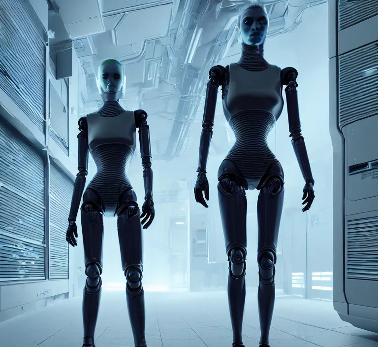 Image similar to hyperrealism stock fashion photography of highly detailed stylish humanoid robot in sci - fi cyberpunk style by gragory crewdson and vincent di fate with many details by josan gonzalez working in the highly detailed data center by mike winkelmann and laurie greasley hyperrealism photo on dsmc 3 system rendered in blender and octane render