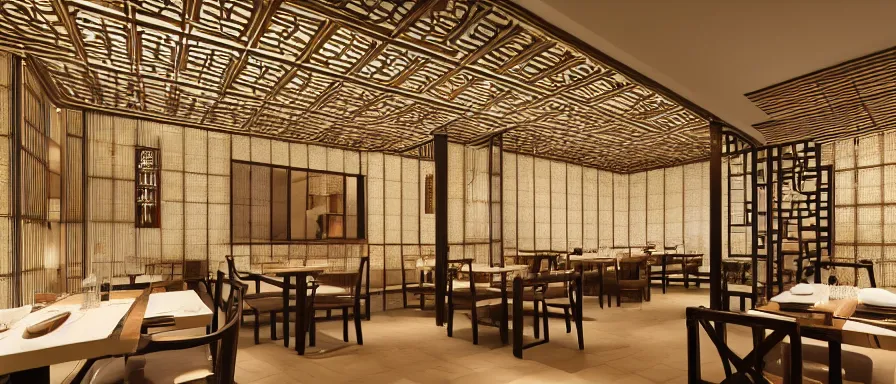 Image similar to a beautiful hyperdetailed interior render of roasted string hotpot restaurant restaurant yan'an, wall corner, from china, paper wall and white tile floor, with merchant logo, fine delicate structure, chinese style, simple composition, simple style structure decoration design, victo ngai, 4 k hd