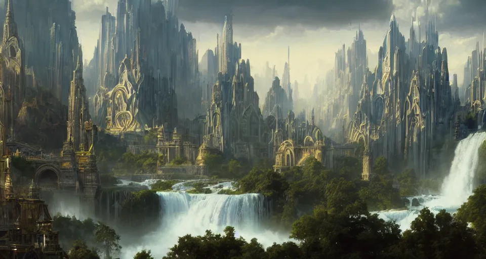 Image similar to a matte painting of beautiful religious science fiction city, with waterfalls, 8 k, cinematic lighting, hd, atmospheric, hyperdetailed, trending on artstation, deviantart, digital painting, concept art smooth sharp focus illustration, art by artgerm and paul chadeisson and greg rutkowski, sung choi and alphonse mucha