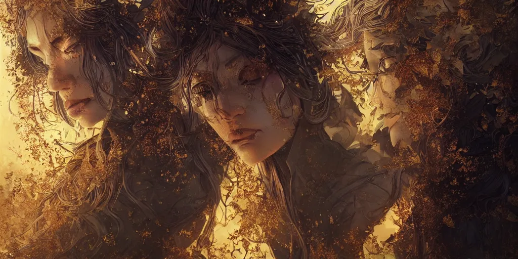 Image similar to golden leaves at frame border, creative!!! composition for a book cover!!!, absurdly beautiful, ultrafine hyperrealistic detailed old witch face by wlop and artgerm and greg rutkowski, intricate linework, sharp focus, smooth, octopath traveler, final fantasy, unreal engine, dramatic lighting, ethereal, 8 k