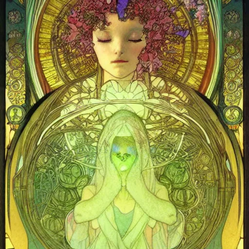 Prompt: Gaia looking down on Earth, ethereal glow, art by Moebius, Brian Froud, John Bauer, Alphonse Mucha