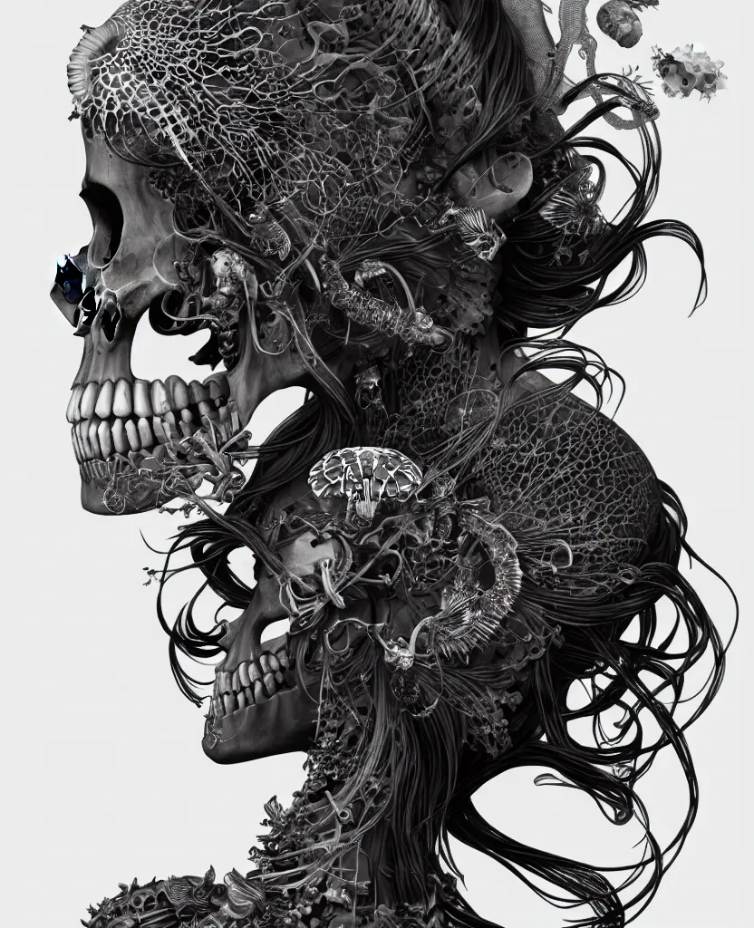 Image similar to goddess close-up portrait skull with mohawk, ram skull, skeleton, thorax, x-ray, backbone, jellyfish phoenix head, nautilus, orchid, skull, betta fish, bioluminiscent creatures, intricate artwork by Tooth Wu and wlop and beeple. octane render, trending on artstation, greg rutkowski very coherent symmetrical artwork. cinematic, hyper realism, high detail, octane render, 8k