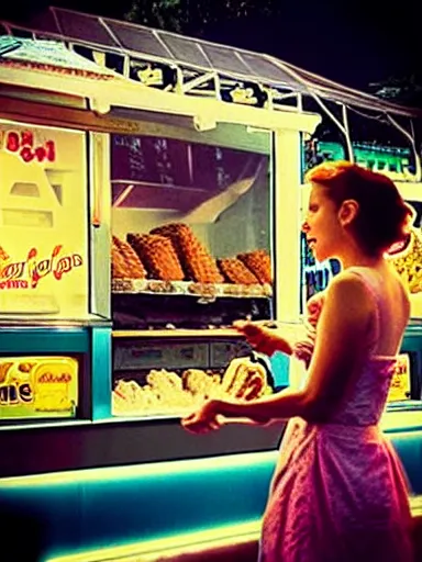 Image similar to “ scarlett johansson is buying ice - cream at the ice - cream booth in the street, movie screenshot, cinematic, epic, dramatic ”