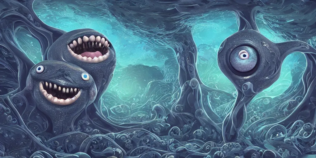 Image similar to of an intricate deep sea with strange cute friendly happy creatures with huge eyes, mouth, long tongue, round teeth and goofy face, appearing from the background, in the style of gehry and gaudi, macro lens, shallow depth of field, ultra detailed, digital painting, trending artstation, concept art, illustration, cinematic lighting, photorealism, epic, octane render