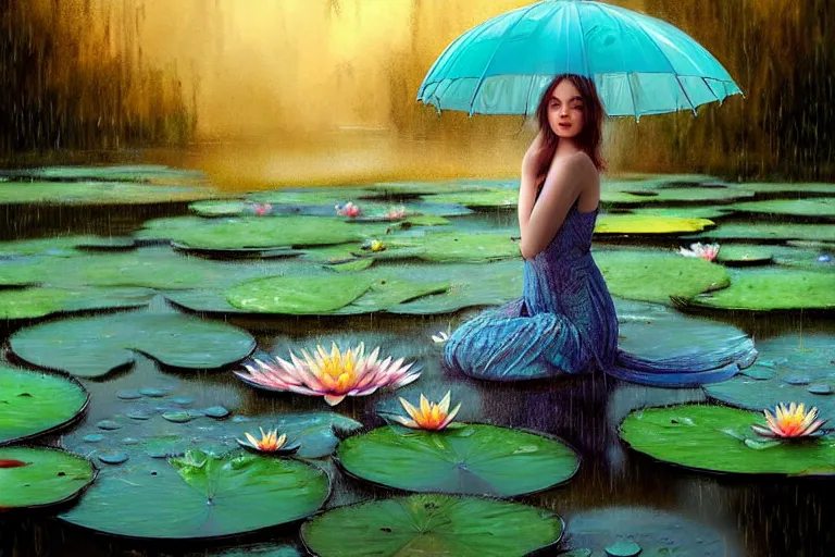 Image similar to light teal portrait in the rain on pond with waterlilies, fantasy, intricate, elegant, dramatic lighting, emotionally evoking symbolic metaphor, highly detailed, lifelike, photorealistic, digital painting, artstation, concept art, smooth, sharp focus, illustration, art by John Collier and Albert Aublet and Krenz Cushart and Artem Demura and Alphonse Mucha