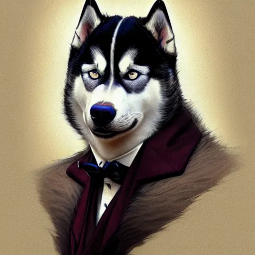 Image similar to beautiful detailed picture of a husky dressed in a tuxedo, intricate, elegant, highly detailed, my rendition, digital painting, artstation, concept art, smooth, sharp focus, illustration, art by artgerm and greg rutkowski and alphonse mucha