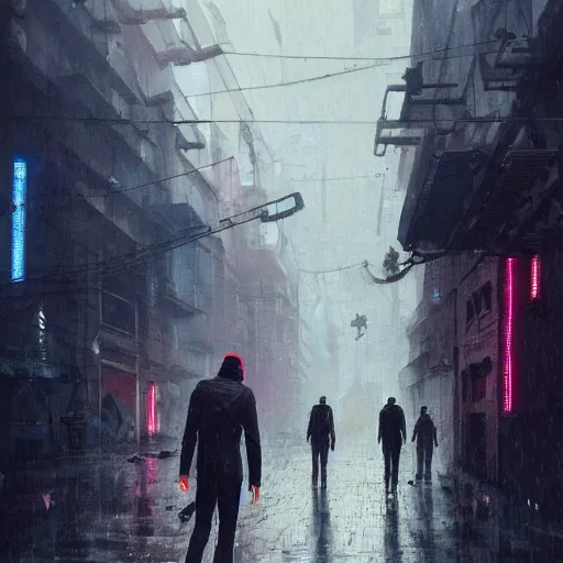 Image similar to a man standing in a cyberpunk street the men's casual walking the background is the cyberpunk city and it's raining by greg rutkowski