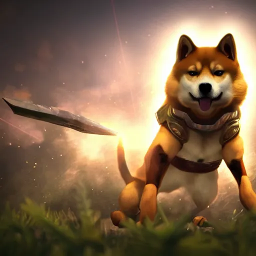 Prompt: shiba inu as a league of legends character, michael maurino, alex flores, paul kwon, cinematic, 3 d cgi, dramatic lighting, focus, smooth, heroic