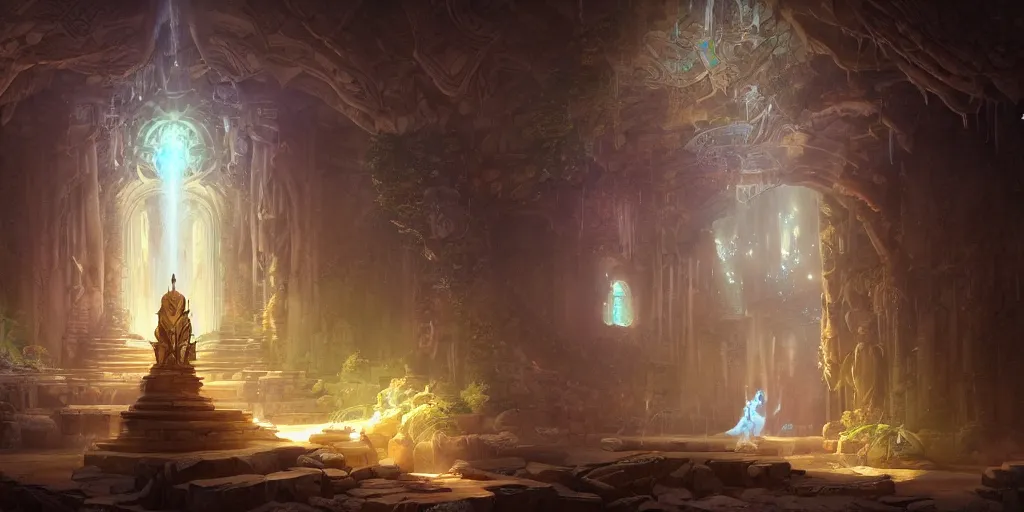 Image similar to Detailed Interior of Temple Ruins, Waterfall walls, light of god, bloom light shafts, incense, stunning atmosphere, in Style of Peter Mohrbacher, cinematic lighting