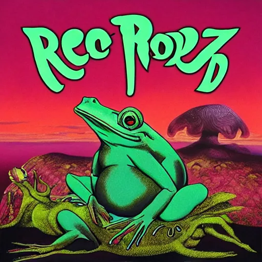 Prompt: progressive rock album cover of an elder wizard frog casting a world ending spell, in the style of Roger Dean