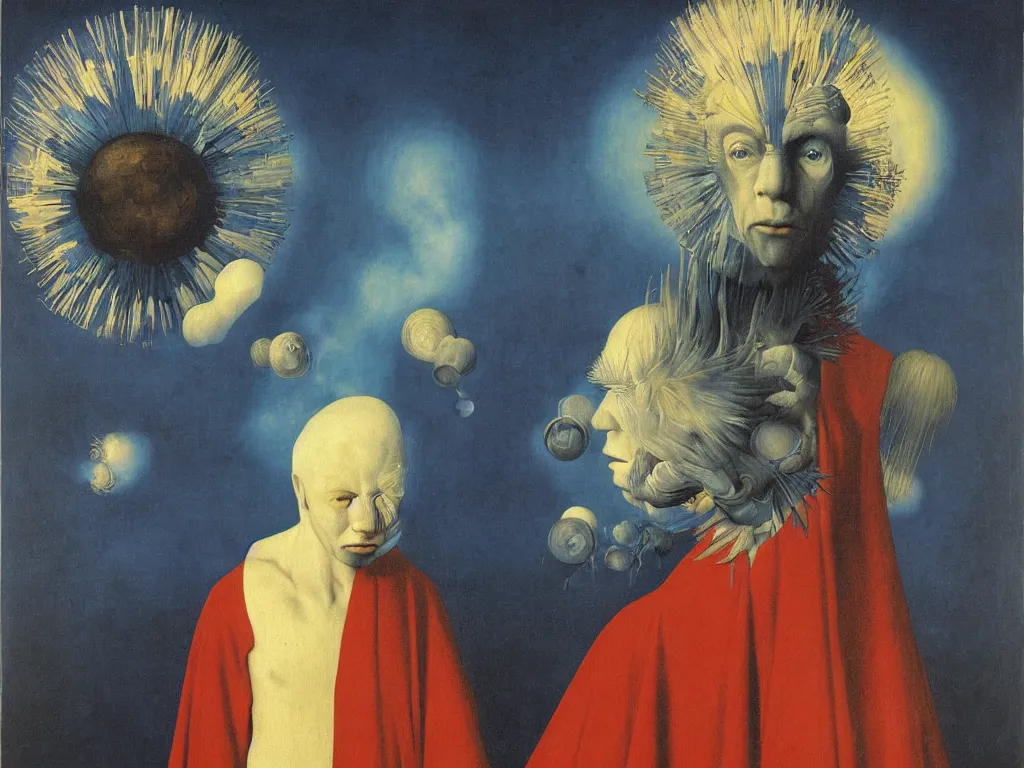 Prompt: Portrait of albino mystic with blue eyes, with atomic explosion. Painting by Jan van Eyck, Audubon, Rene Magritte, Agnes Pelton, Max Ernst, Walton Ford