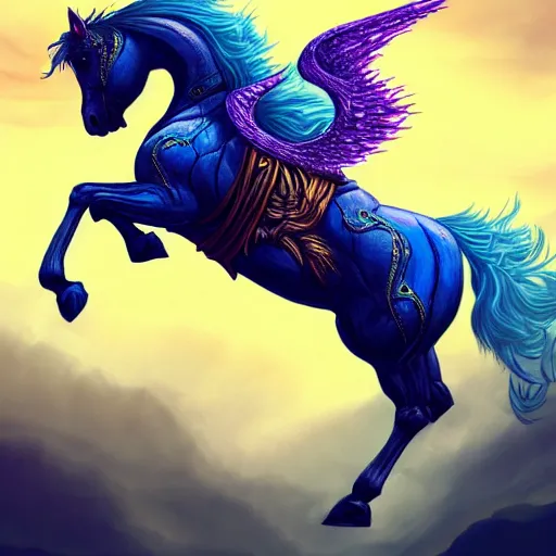 Prompt: horseman without head on top of horse with wings, colorful of blue color concept art, trending on artstation, highly detailed, intricate, sharp focus, digital art, 8 k