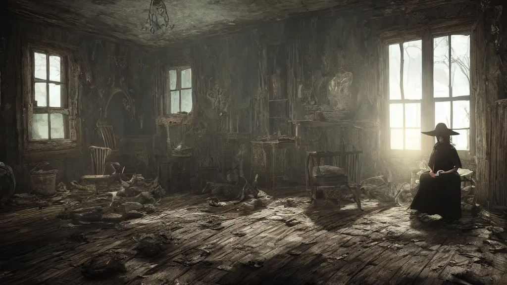 Image similar to a witch sitting in the shadows on the inside of a decrepit cottage, highly detailed interior, hyperrealistic, Cryengine 8k UHD