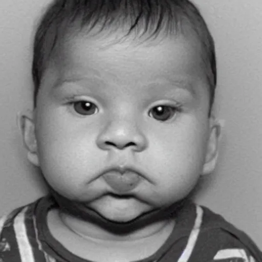 Prompt: A police mugshot of a baby that looks like a hardened criminal, tattoos on face