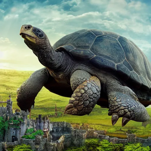 Image similar to giant tortoise walking with a large fantasy castle rising growing from the top of it, distant shot birds eye view, fantasy, hyper detailed, 4 k, howls moving castle, mortal engines,