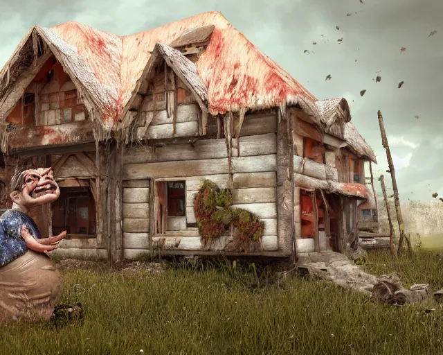 Image similar to of a very beautiful scene. ambient occlusion render. a sweet fat old woman is giving birth to her broken house. hyper realistic. 4 k. wide angle. wild. symmetrical face, red mouth, blue eyes. deep focus, lovely scene. ambient occlusion render. concept art. unreal engine.