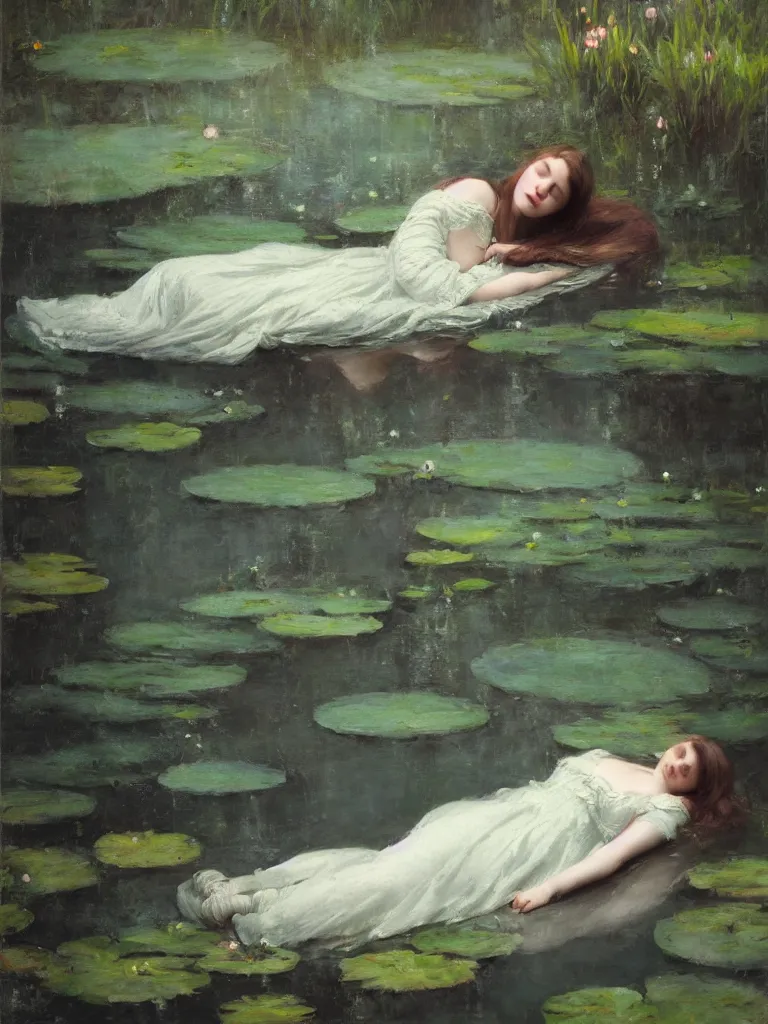 Prompt: detailed cinematic moody colors studio portrait of a victorian young lady sleeping in a victorian pond, water lilies, ofelia inspired high quality by jeremy mann, only one head single portrait