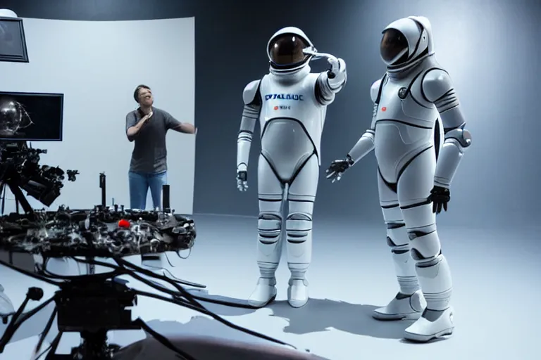 Image similar to vfx film, behind the scenes, on set, set design, making of, big film production, camera filming futuristic astronaut talking with spacex humanoid robots, high tech space ship interior, flat color profile low - key lighting award winning photography arri alexa cinematography, hyper real photorealistic cinematic, atmospheric cool colorgrade